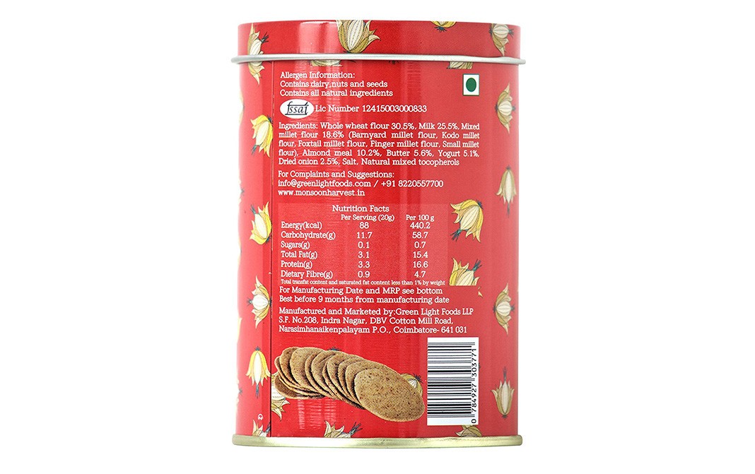 Monsoon Harvest Buttermilk & Millet Crackers, Caramelised Onion   Container  100 grams