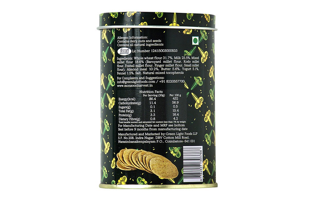 Monsoon Harvest Buttermilk & Millet Crackers Fennel    Container  100 grams