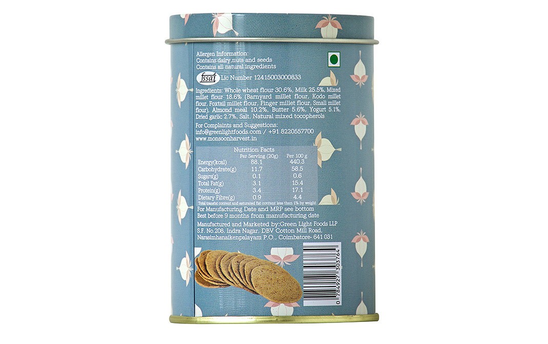 Monsoon Harvest Buttermilk & Millet Crackers, Roasted Garlic   Container  100 grams
