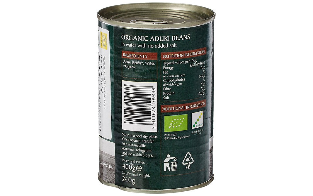 Epicure Organic Aduki Beans, In Water With No Added Salt   Tin  400 grams