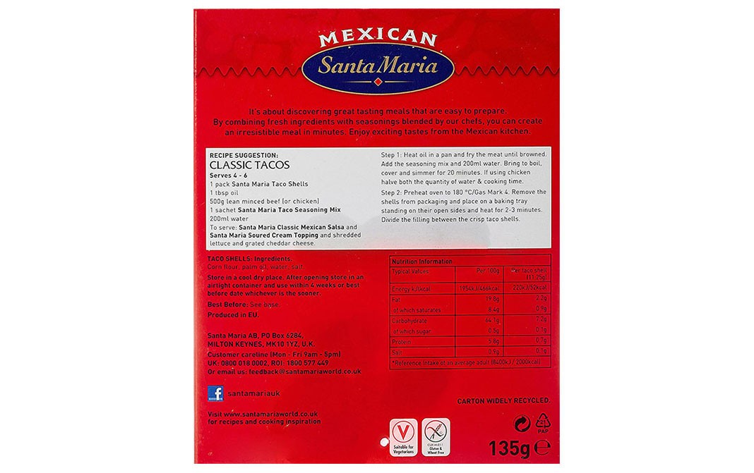 Mexican Santa Maria Taco Shells - 12 Crispy Corn Shells   Box  135 grams