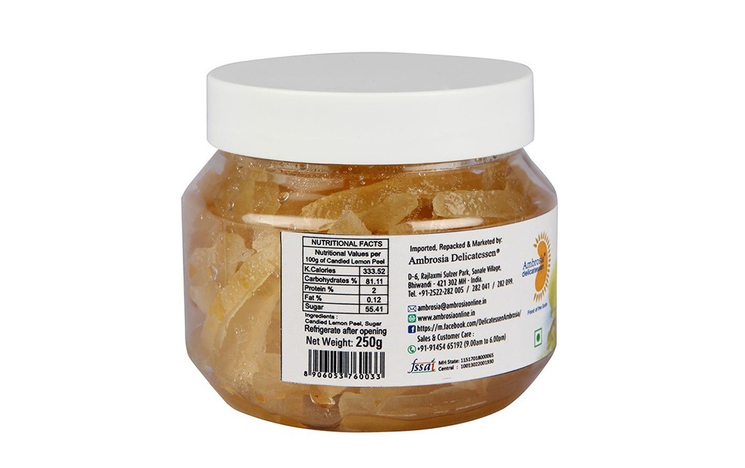 Ambrosia Delicatessen Candied Lemon Peel    Jar  250 grams