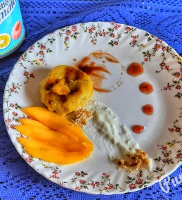 Deconstructed mango cheesecake with mango-mixed berries compote recipe